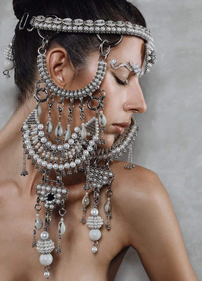 handcrafted modular large pearl medallion on rushi headpiece system by object and dawn