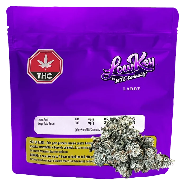 A close-up of the Larry by MTL Cannabis packaging, featuring bold lettering on a white background.