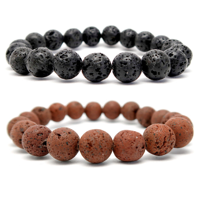 set of 2 lava stretch bracelets including natural black and rusty red. beaded round volcanic stone jewelry handmade at satin crystals
