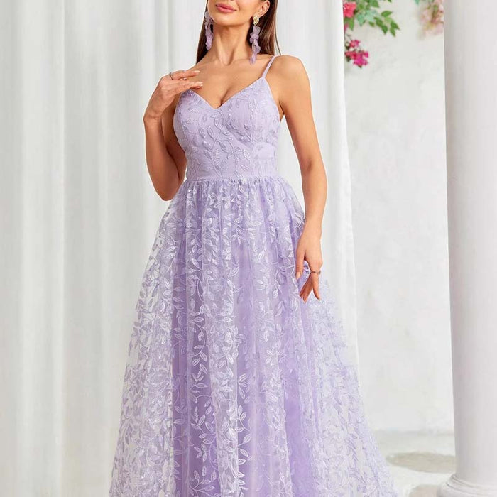Lavender Floral Bridesmaid Dress Spaghetti Strap Wedding Gown Prom Dress