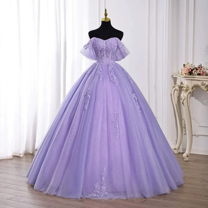 Lavender Off-the-Shoulder Ball Gown Tulle Lace Applique Quinceanera Dress Prom Dress