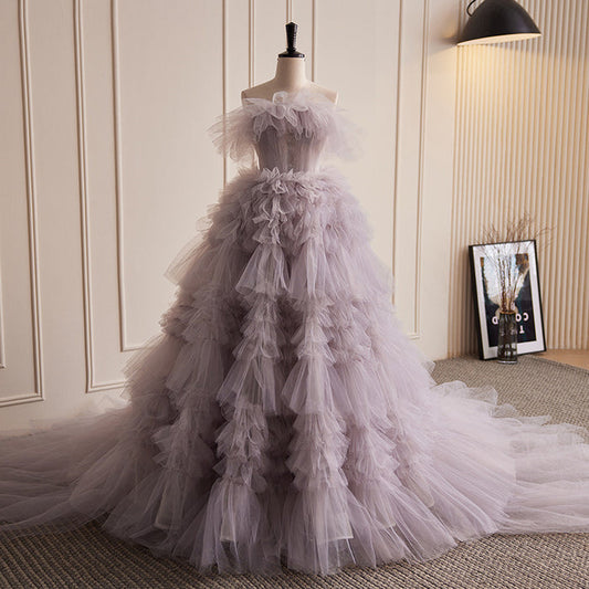 Lavender Strapless Tulle Ruffle Evening Gown with Cascading Layers