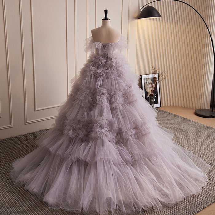 Lavender Strapless Tulle Ruffle Evening Gown with Cascading Layers
