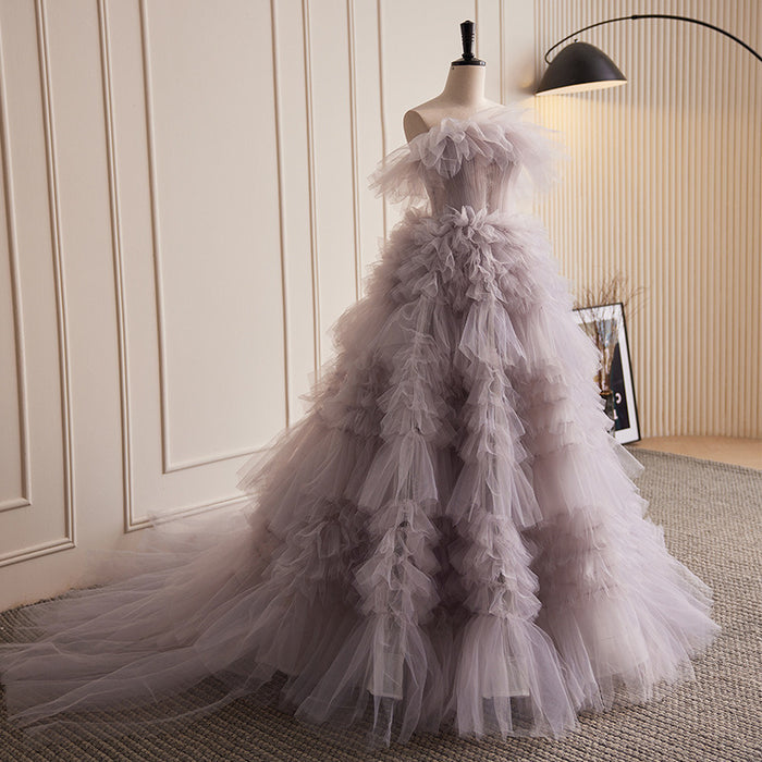 Lavender Strapless Tulle Ruffle Evening Gown with Cascading Layers
