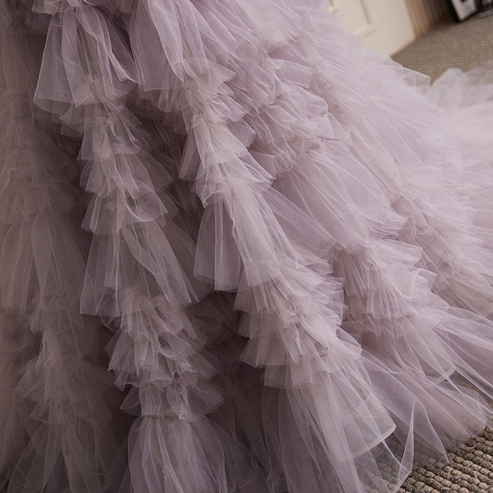 Lavender Strapless Tulle Ruffle Evening Gown with Cascading Layers