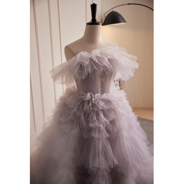 Lavender Strapless Tulle Ruffle Evening Gown with Cascading Layers
