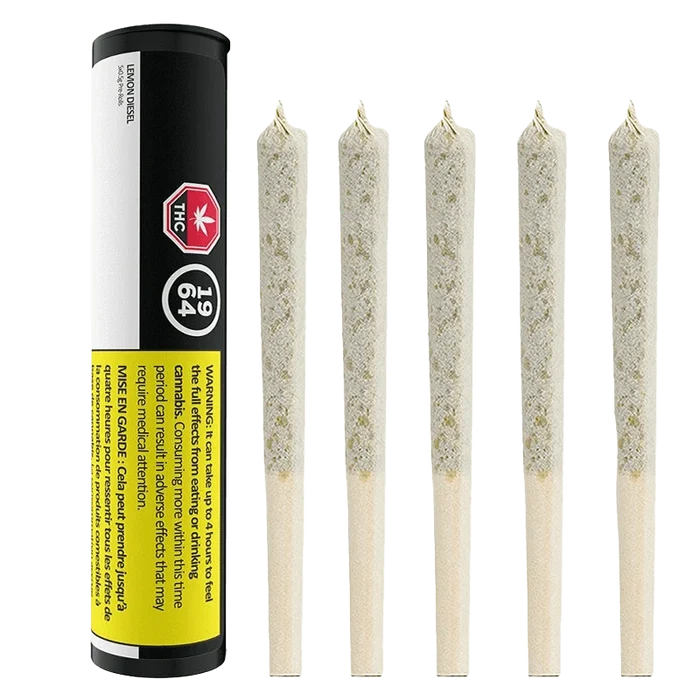 Close-up of the Lemon Diesel Pre Rolled 5 x 0.5 g package, featuring a vibrant label against a dark background.