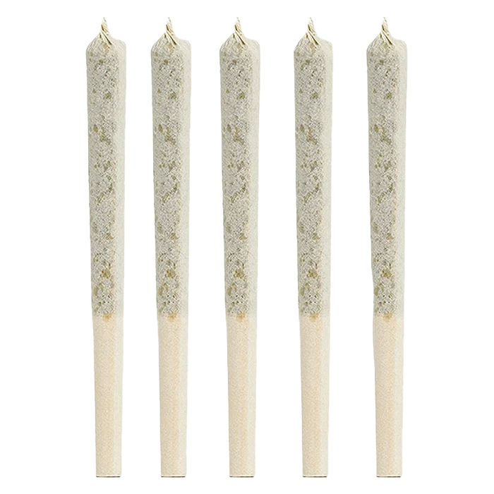 A close-up, top-down view of five Lemon Diesel Pre Rolled 0.5 g pre-rolls neatly arranged against a white background.