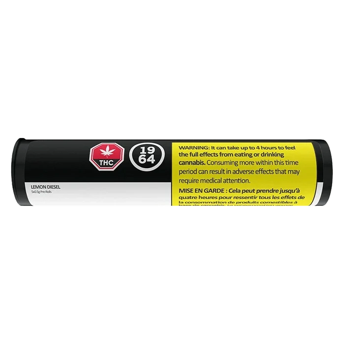 Front view of the Lemon Diesel Pre Rolled 5 x 0.5 g packaging, displaying a warning in French against potential adverse effects.