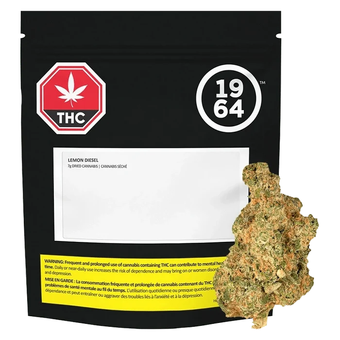 Lemon Diesel packaging with a bold, graphic design featuring a cannabis leaf and numerical text on a black background.
