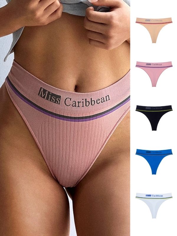 Letter Print Ribbed Fitness Thong