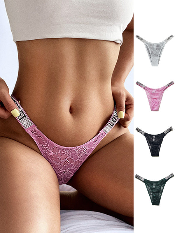 Letters Print Dazzling Crystal Lace Underwear