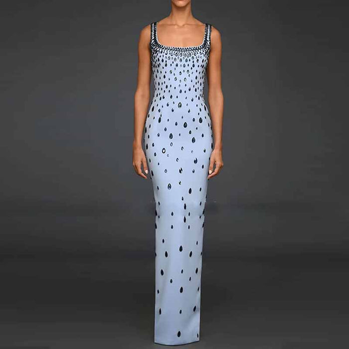 Light Blue Rain Drop Beads Embroidered Dress Long Evening Gown