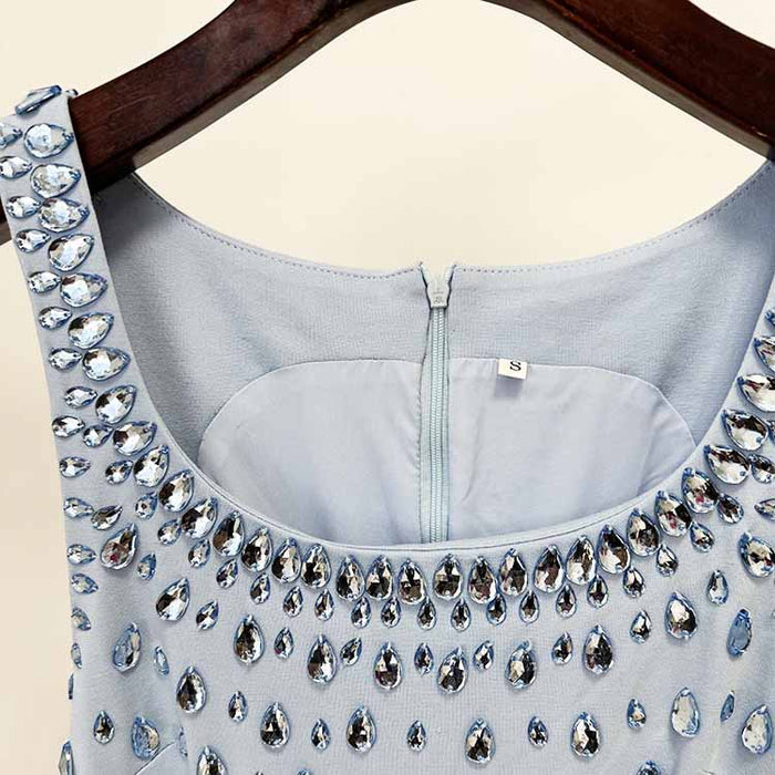 Light Blue Rain Drop Beads Embroidered Dress Long Evening Gown