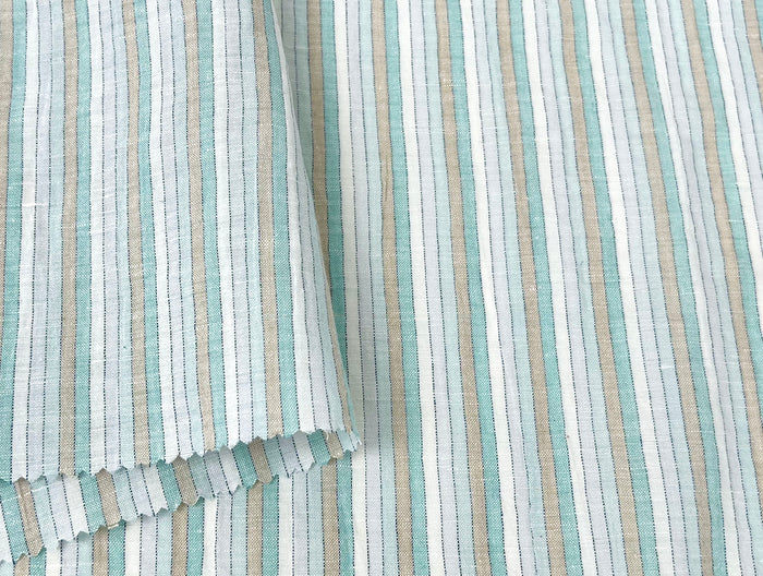 Light Linen Cotton Blend Fabric with Aqua & Beige Stripes 473