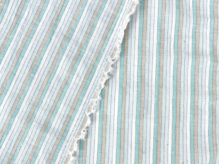 Light Linen Cotton Blend Fabric with Aqua & Beige Stripes 473