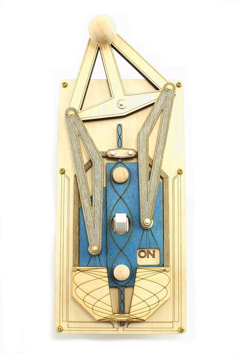 Steampunk light rig switch plate in natural wood — working gear switch cover, made in USA