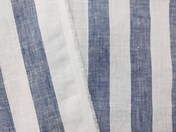 Light Weight 100% Linen Blue Bold Stripe Fabric 5996 - The Linen Lab - Navy