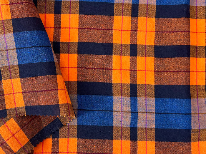 Lightweight Linen Cotton Tencel Plaid Fabric – Navy / Orange Check 8042