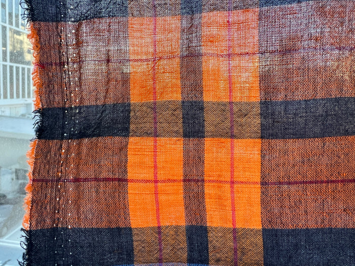 Lightweight Linen Cotton Tencel Plaid Fabric – Navy / Orange Check 8042