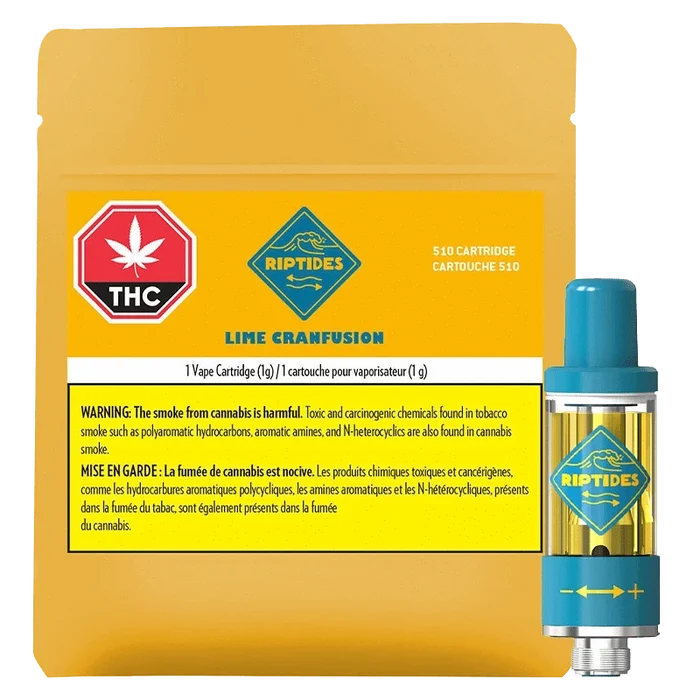 Close-up of the Lime Cranfusion Vape Cartridge with a warning label, angled slightly against a dark background.