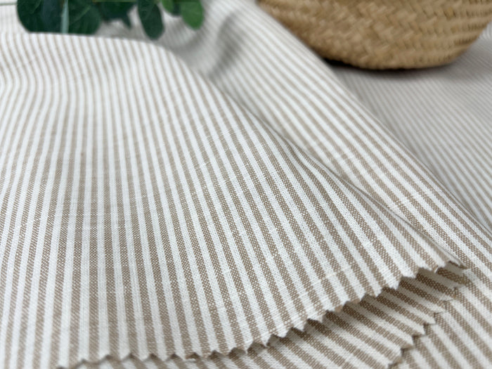 Linen Cotton Blend Fabric – Classic Beige Hickory Stripe 8401