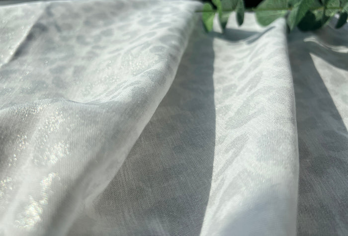 Linen Rayon Blend Fabric | Double-Sided Silver Foil Leopard Print | Lightweight White 8394