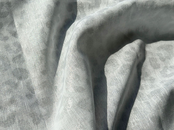 Linen Rayon Blend Fabric | Double-Sided Silver Foil Leopard Print | Lightweight White 8394