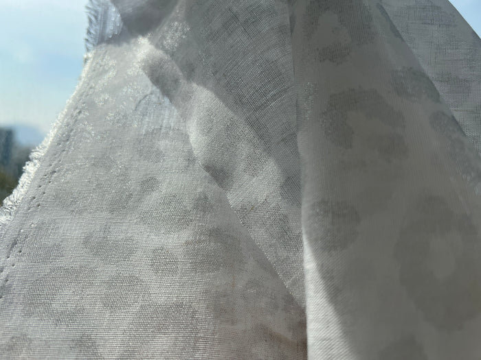Linen Rayon Blend Fabric | Double-Sided Silver Foil Leopard Print | Lightweight White 8394