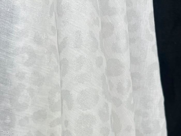 Linen Rayon Blend Fabric | Double-Sided Silver Foil Leopard Print | Lightweight White 8394