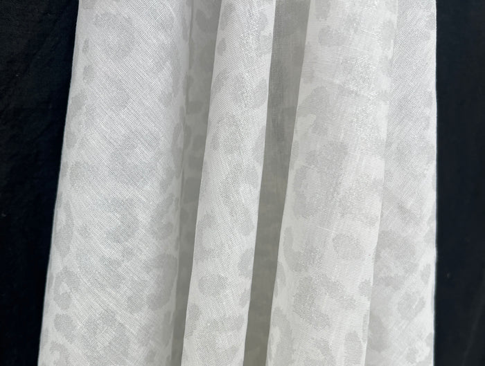 Linen Rayon Blend Fabric | Double-Sided Silver Foil Leopard Print | Lightweight White 8394