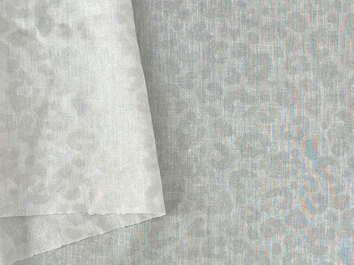 Linen Rayon Blend Fabric | Double-Sided Silver Foil Leopard Print | Lightweight White 8394