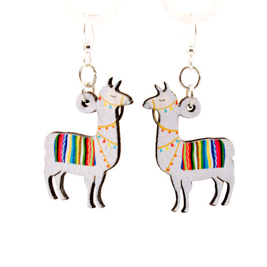 Llama earrings with long neck and fringed blanket, eco-friendly jewelry made in USA