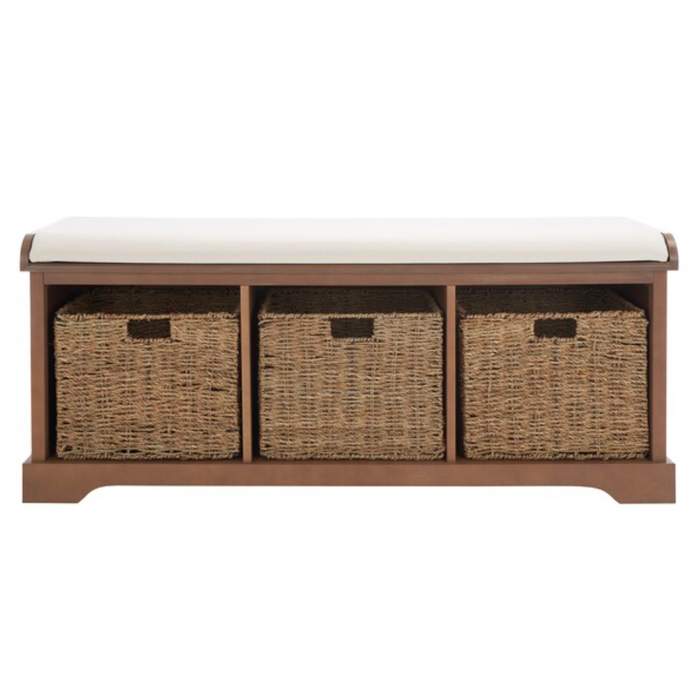 Lonan Wicker Storage Bench in Grey Wash with White Cotton Cushion