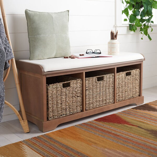 Lonan Wicker Storage Bench in Grey Wash with White Cotton Cushion