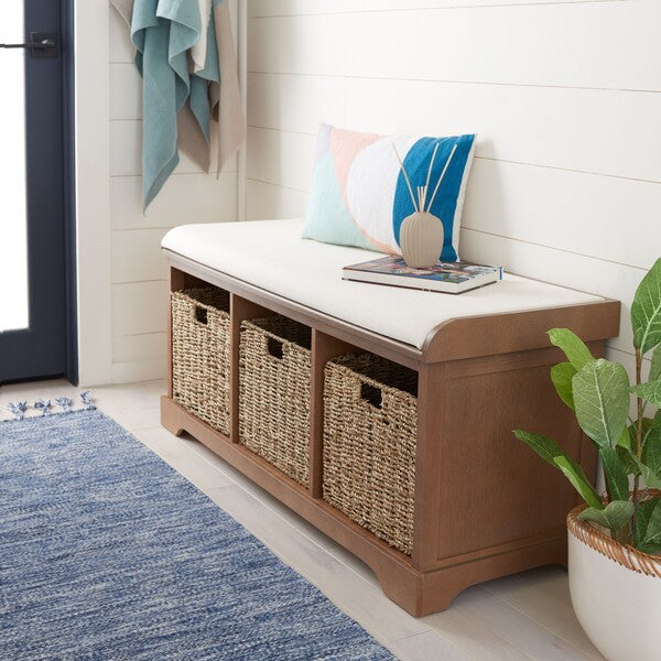 Lonan Wicker Storage Bench in Grey Wash with White Cotton Cushion