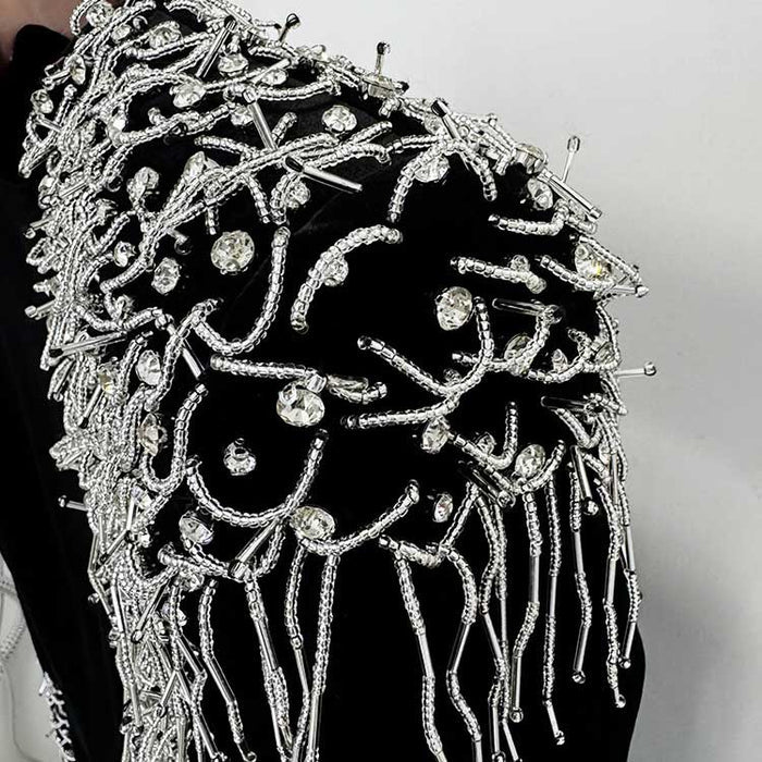 Long Black Beaded Dress Long Sleeve Satin Mermaid Ball Gown