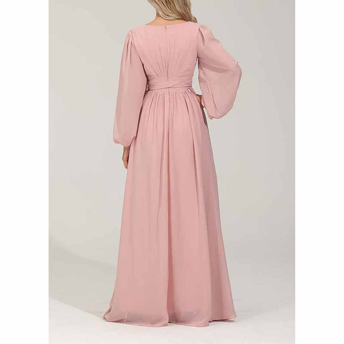 Long Chiffon Bridesmaid Dresses A Line V Neck Formal Wedding Guest Dress with Slit