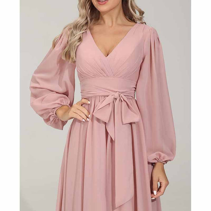 Long Chiffon Bridesmaid Dresses A Line V Neck Formal Wedding Guest Dress with Slit