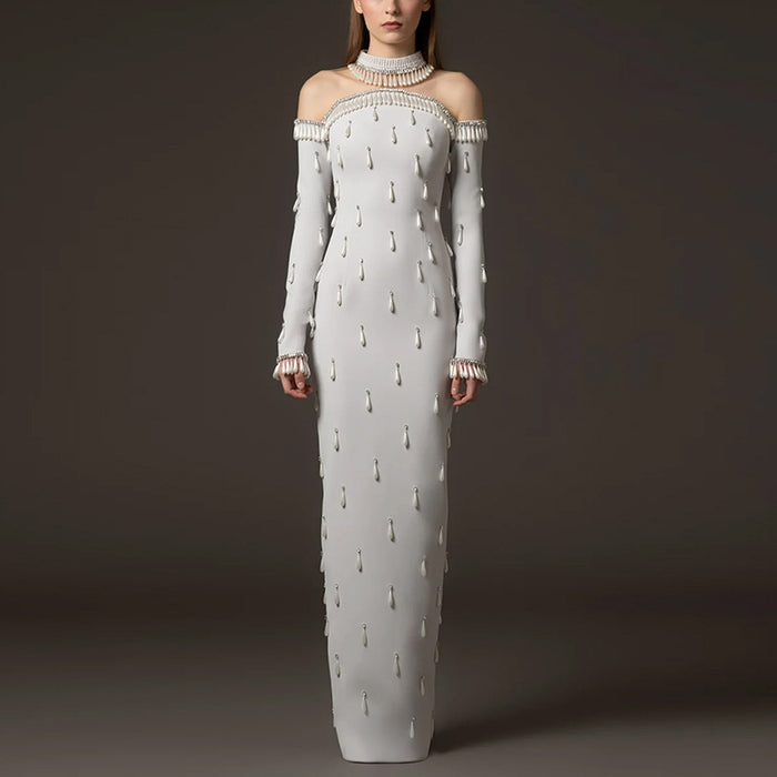 Long Maxi Dresses High Collar Beads Embroidered Prom Gown With Sleeves
