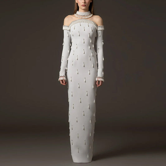 Long Maxi Dresses High Collar Beads Embroidered Prom Gown With Sleeves