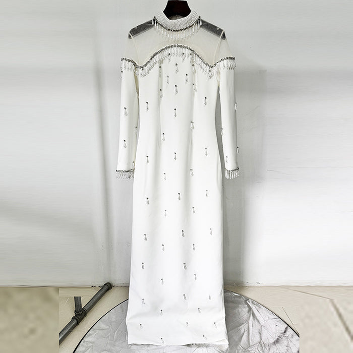 Long Maxi Dresses High Collar Beads Embroidered Prom Gown With Sleeves