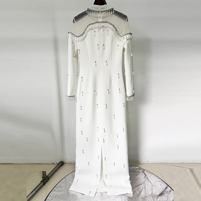 Long Maxi Dresses High Collar Beads Embroidered Prom Gown With Sleeves