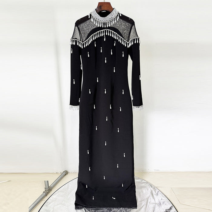 Long Maxi Dresses High Collar Beads Embroidered Prom Gown With Sleeves