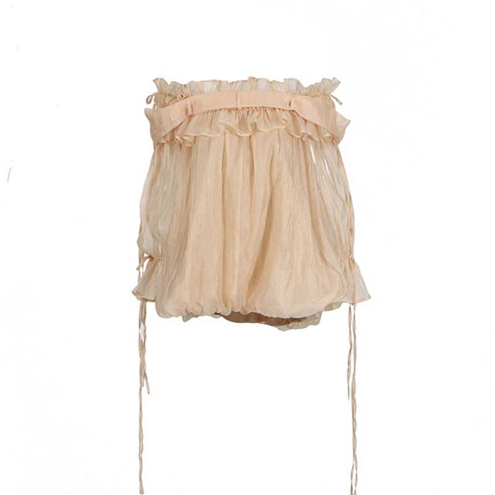 Long Ruffle Sleeves Lace-Up Tulle Shirt Formal Top