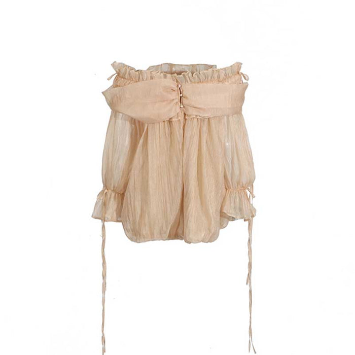 Long Ruffle Sleeves Lace-Up Tulle Shirt Formal Top