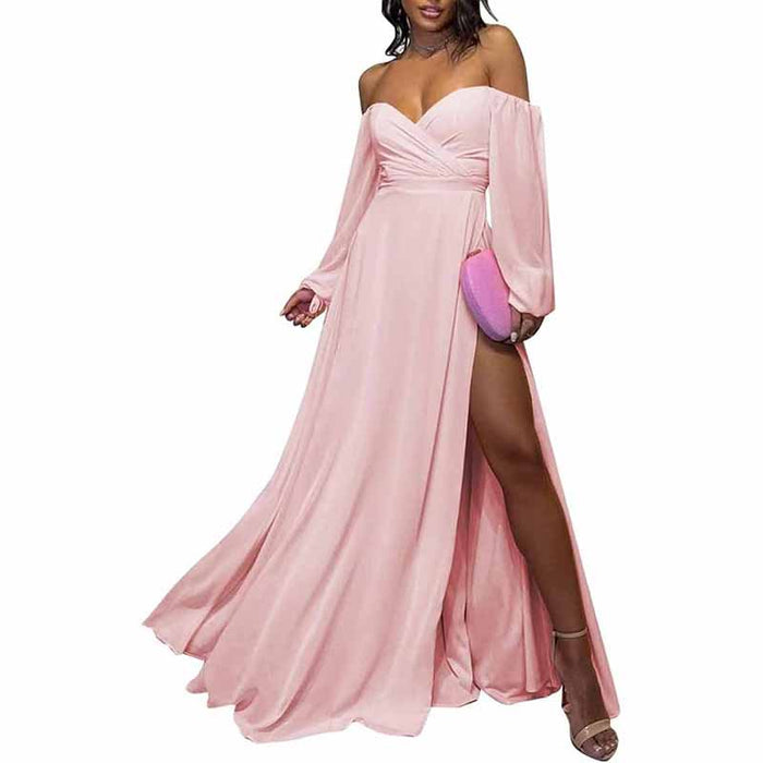Long Sleeve Bridesmaid Dresses Chiffon Sweetheart Off The Shoulder Formal Evening Dresses with Slit