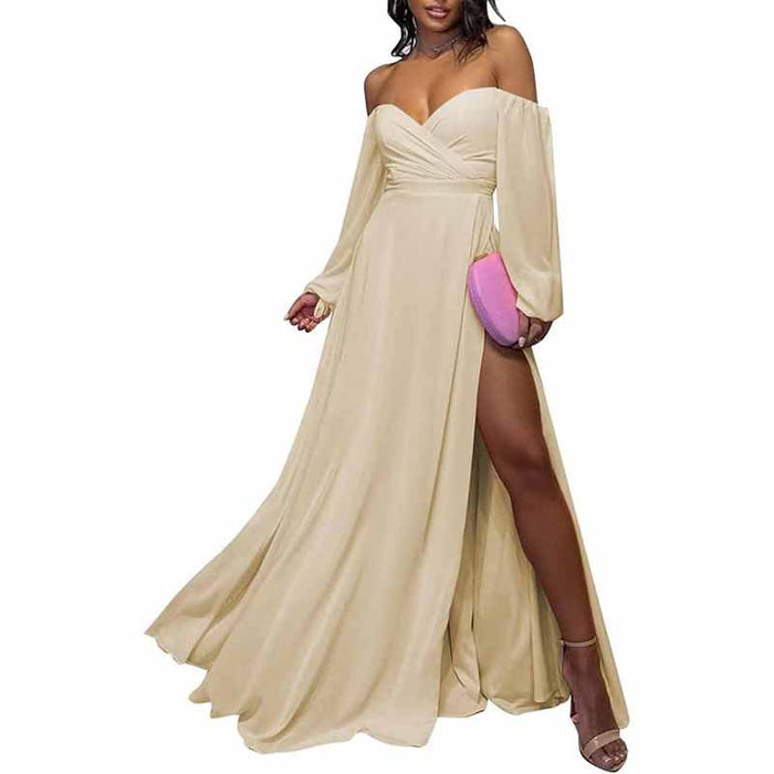 Long Sleeve Bridesmaid Dresses Chiffon Sweetheart Off The Shoulder Formal Evening Dresses with Slit
