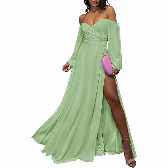 Long Sleeve Bridesmaid Dresses Chiffon Sweetheart Off The Shoulder Formal Evening Dresses with Slit