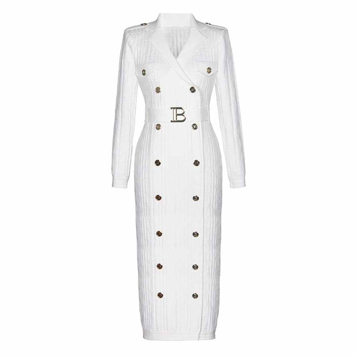 Long Sleeve Knitted V-Neck Midi Dresses With Belt